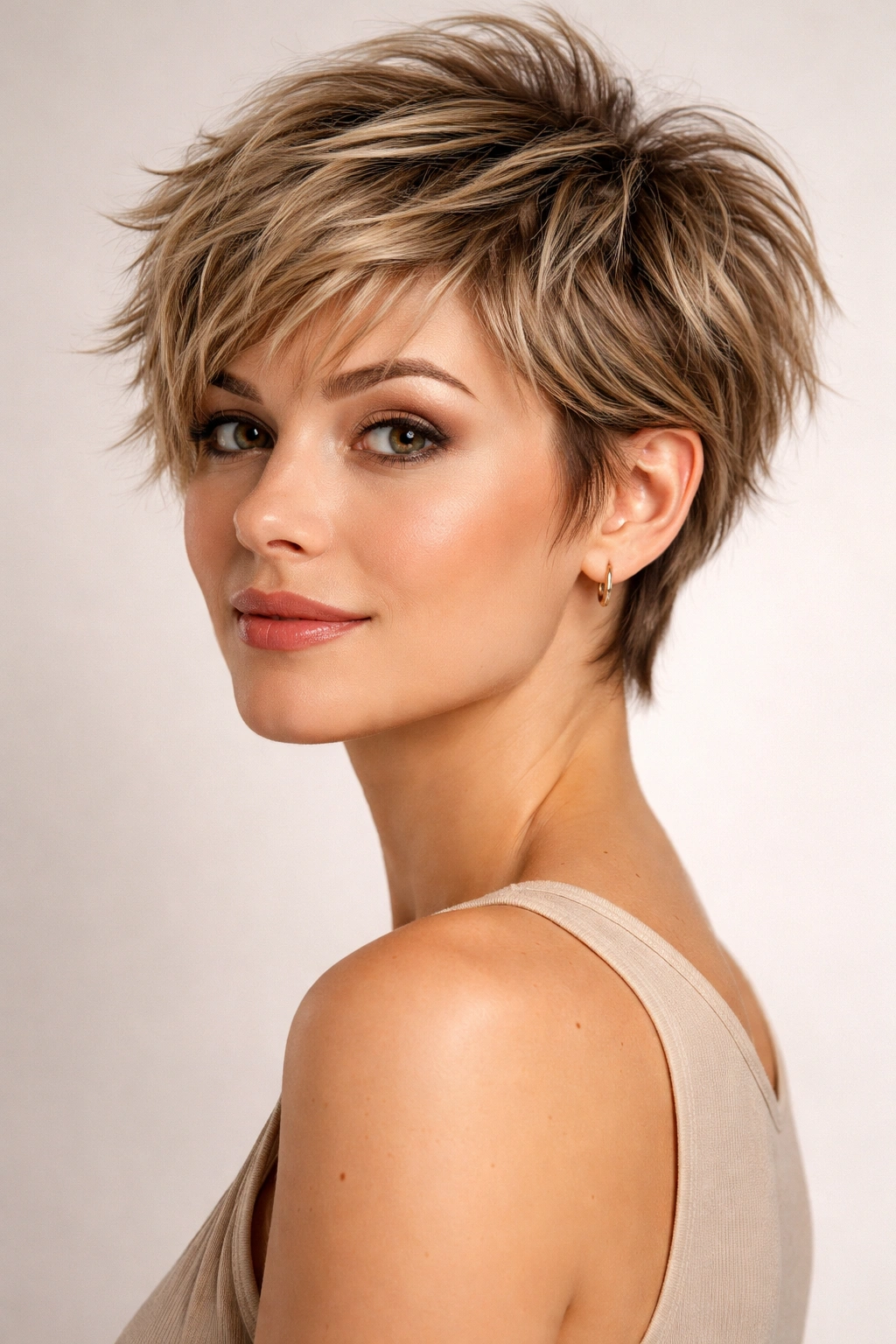 Close-up of a shaggy pixie crop hairstyle on a model
