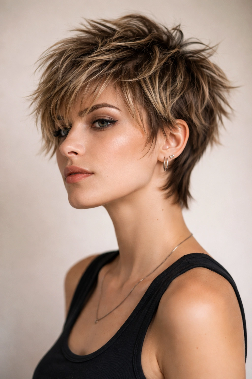 Portrait of a shaggy choppy pixie with layered, undone texture and longer top.