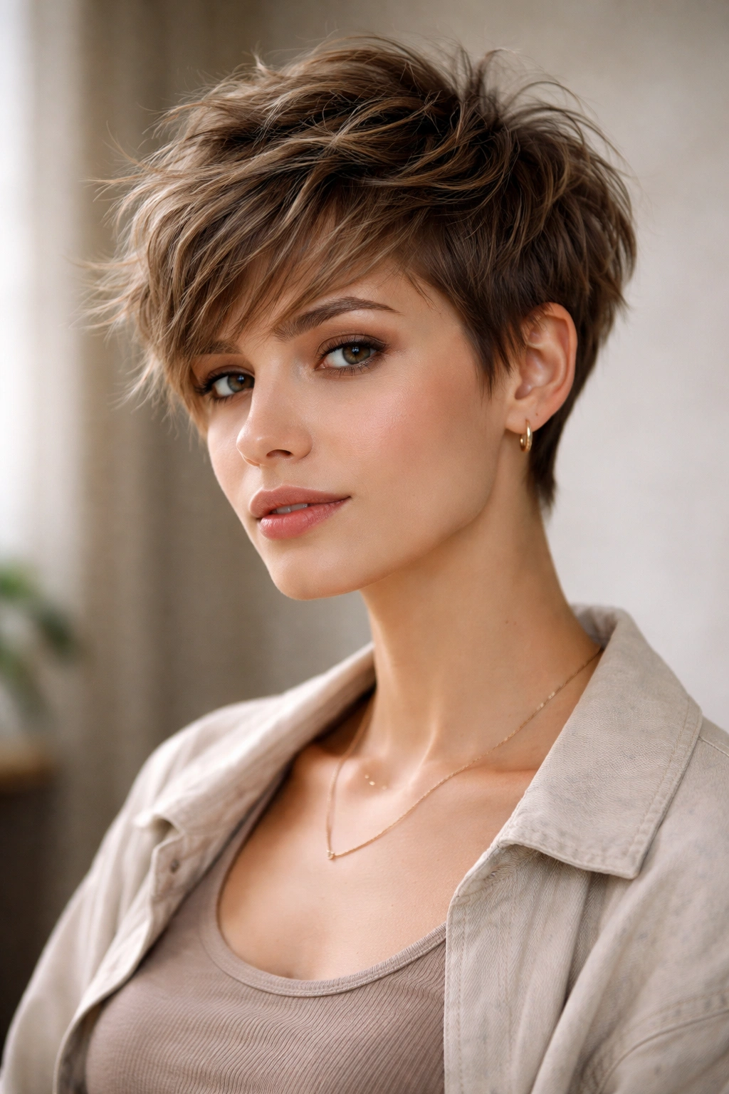 12 Short Pixie Cuts For Truly Low Maintenance 9 Medium close-up of shaggy pixie cut with layered top