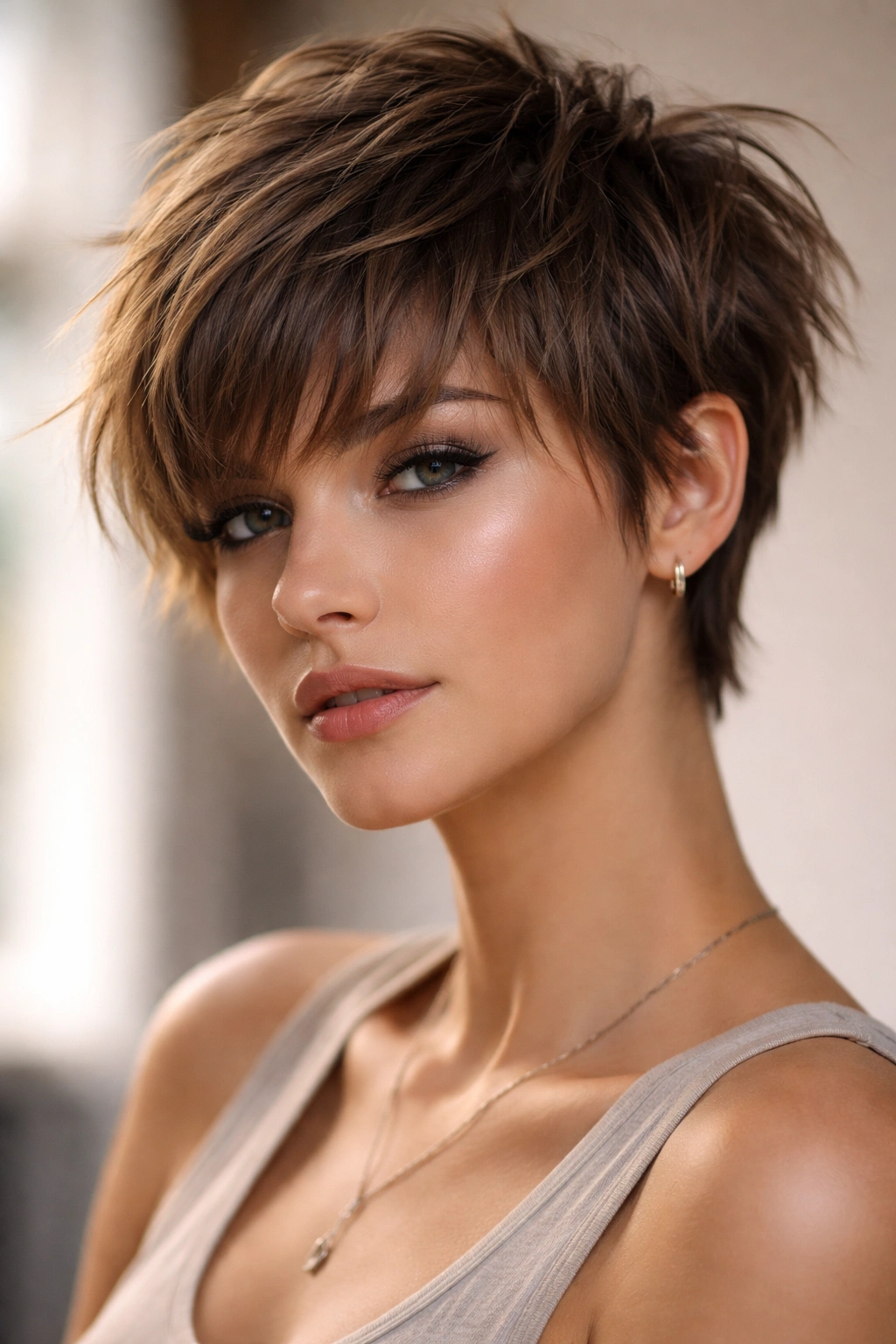 15 Choppy Pixie Cuts Full Of Edge And Texture 2 Shaggy pixie with longer fringe showing textured crown and forehead fringe