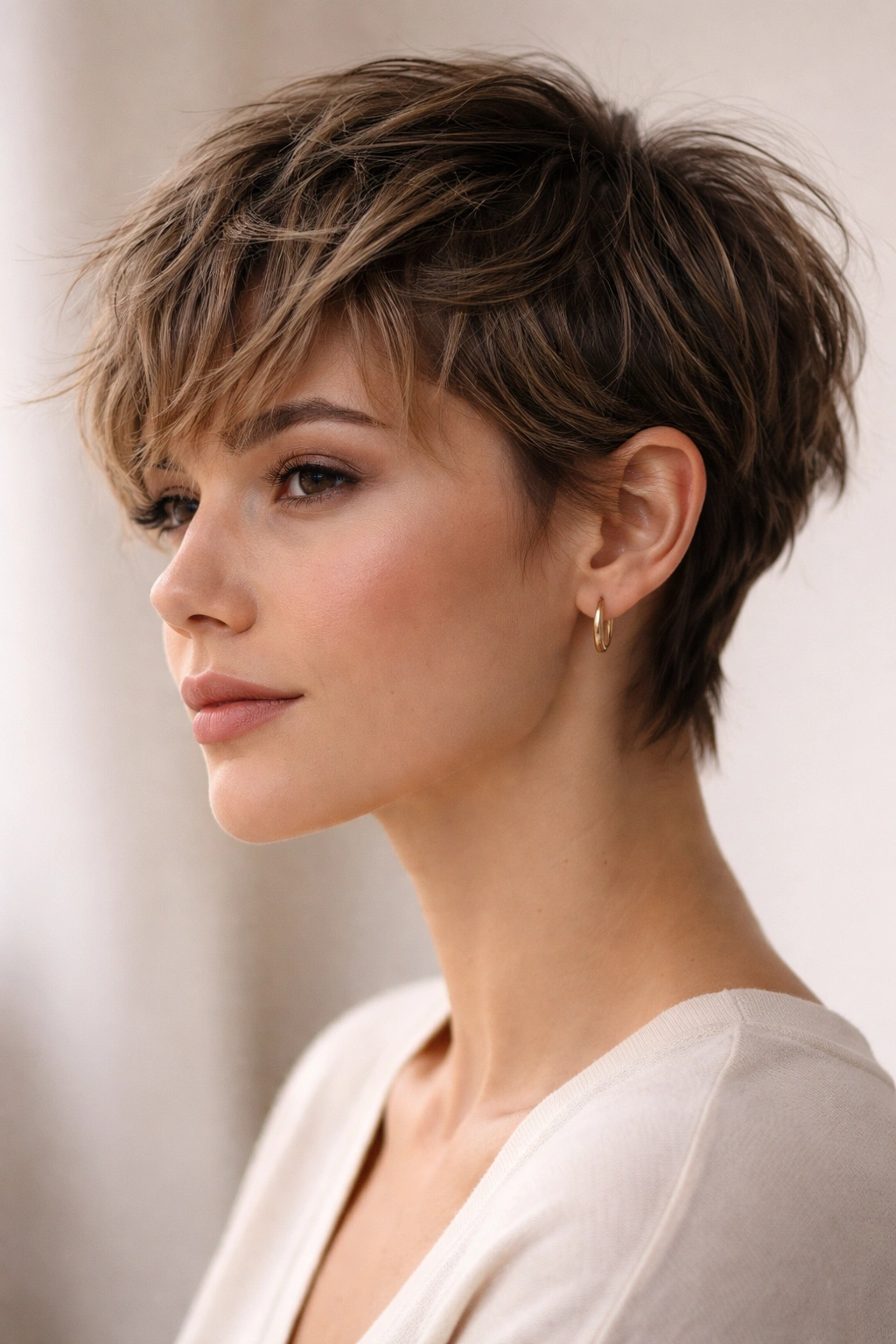 10 Short Haircuts That Tuck Behind The Ears Perfectly 7 Close-up of shaggy pixie hairstyle with textured layers tucked behind the ear