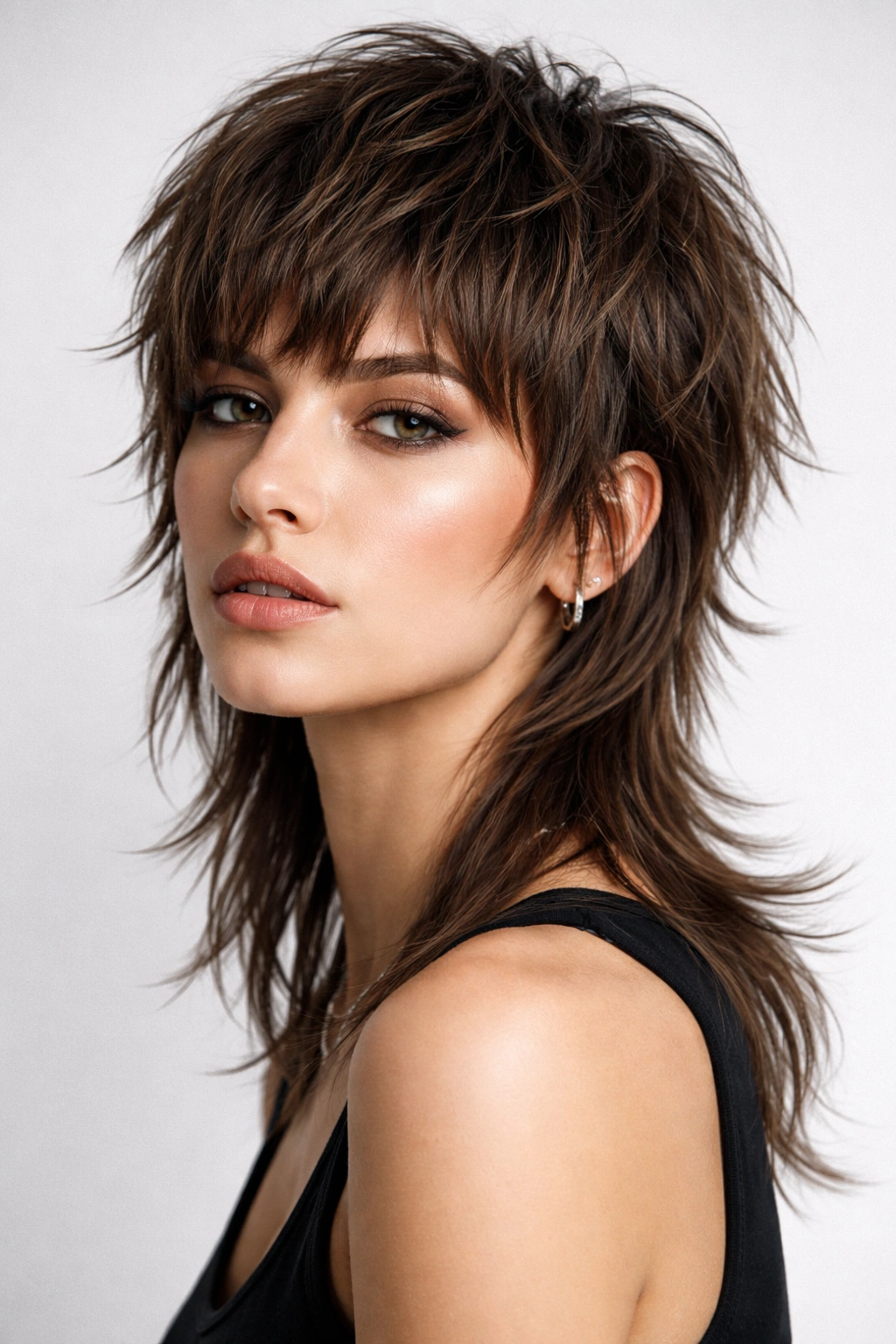 Shaggy pixie-mullet hybrid hairstyle with short crown and longer back