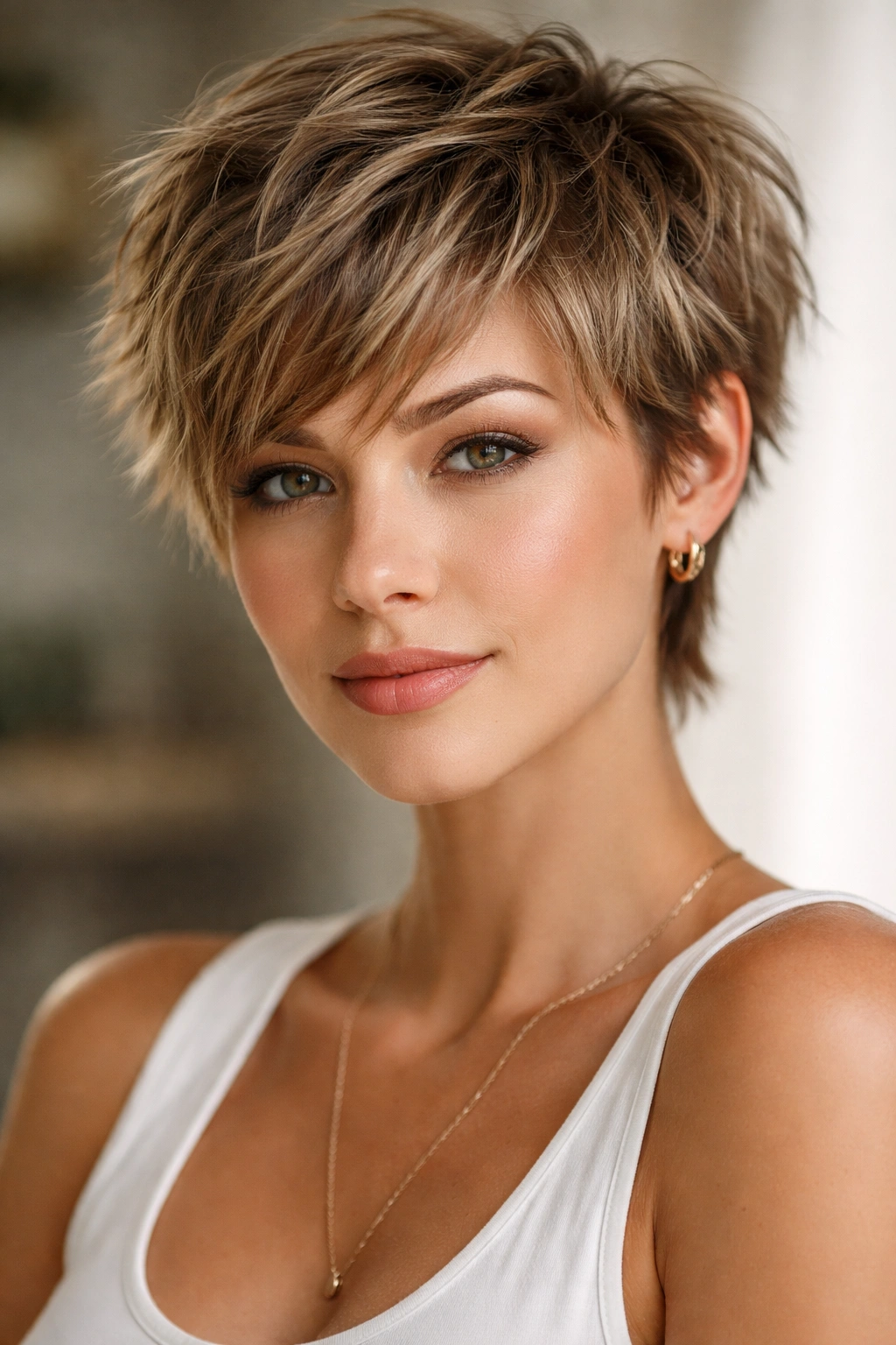 10 Hairstyles That Visually Shorten A Long Face 6 Short textured pixie hairstyle with choppy layers