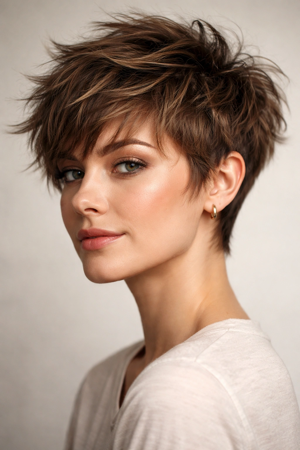 Close-up of a shaggy pixie haircut with textured crown and clean sides