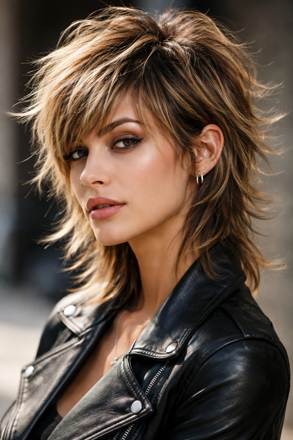 Three-quarter view of a model with shaggy pixie texture and layered ends