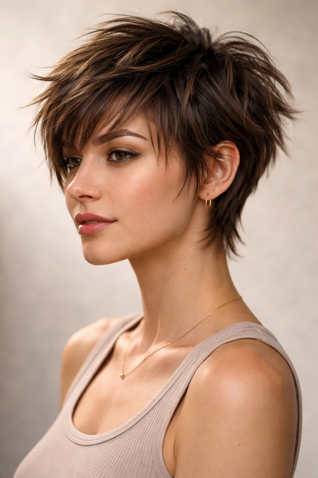 Shaggy pixie hairstyle with textured crown layers and short nape