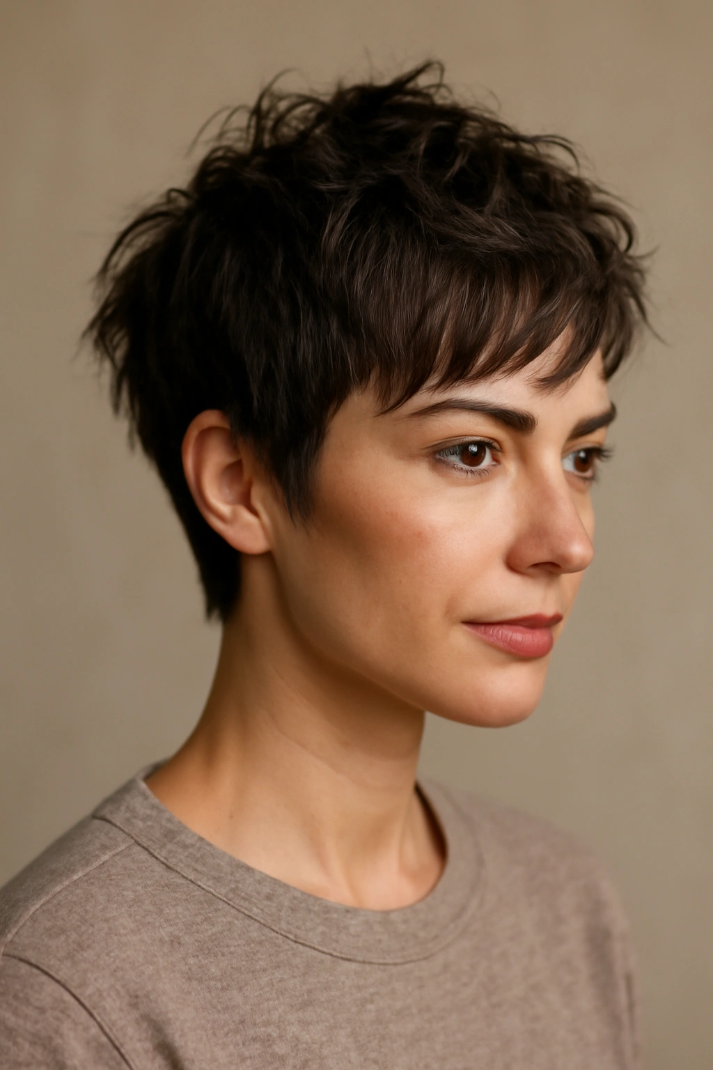 Textured shaggy pixie with layered top and undone look, offering natural volume.