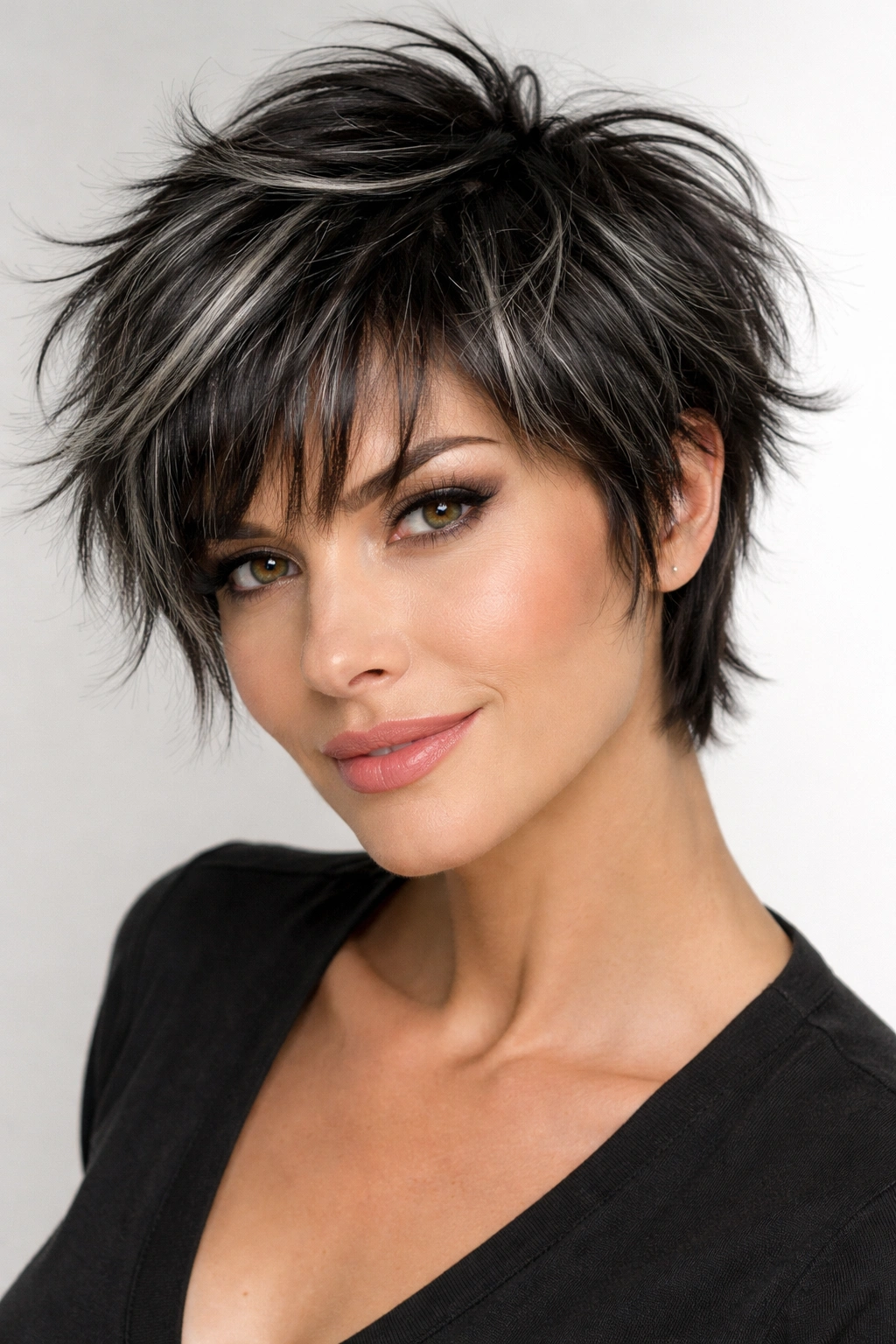 Shaggy pixie cut with textured bangs and silver-gray highlights.