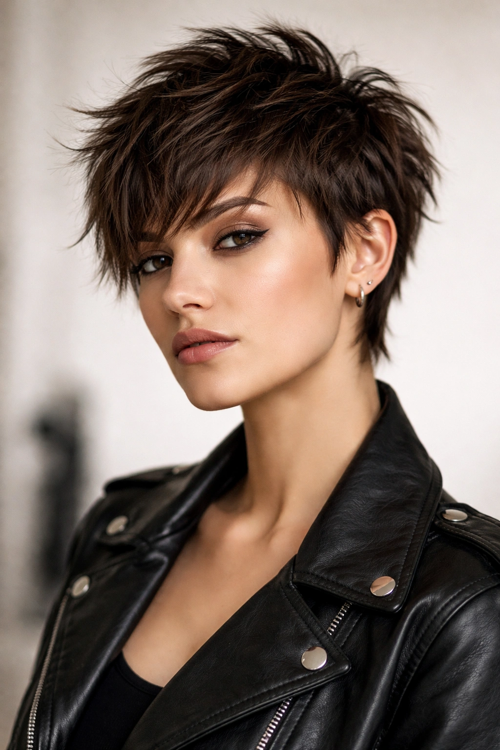 Portrait of a shaggy pixie cut featuring chopped texture and volume