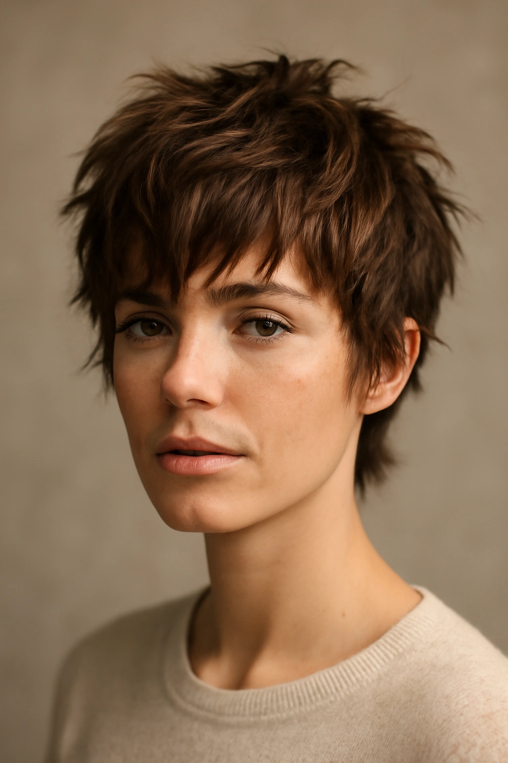 25 Hairstyles For Women Sorted By Length 6 Close-up portrait of a person with a shaggy pixie cut and textured layers.