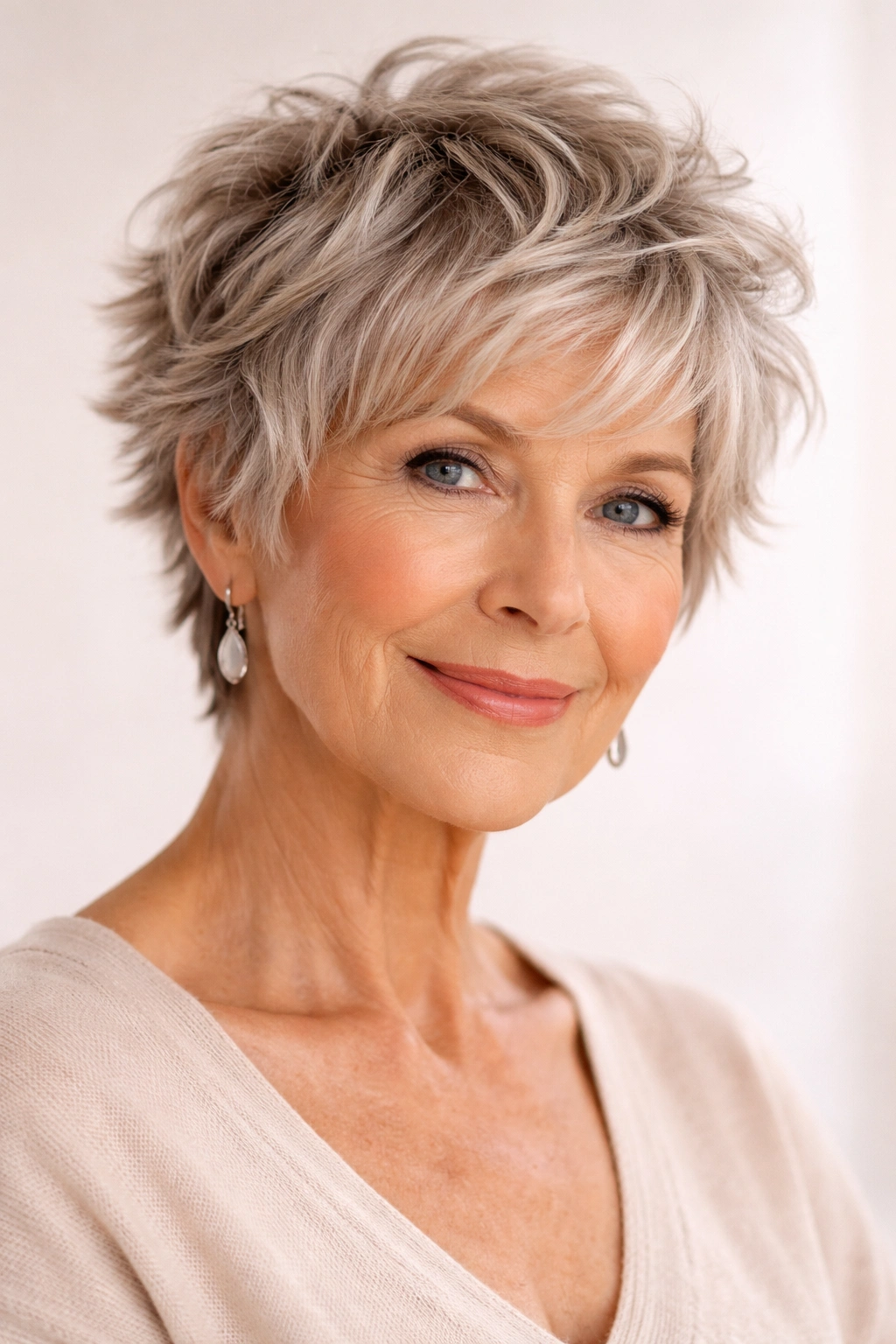 Shaggy pixie cut with textured layers on thick hair