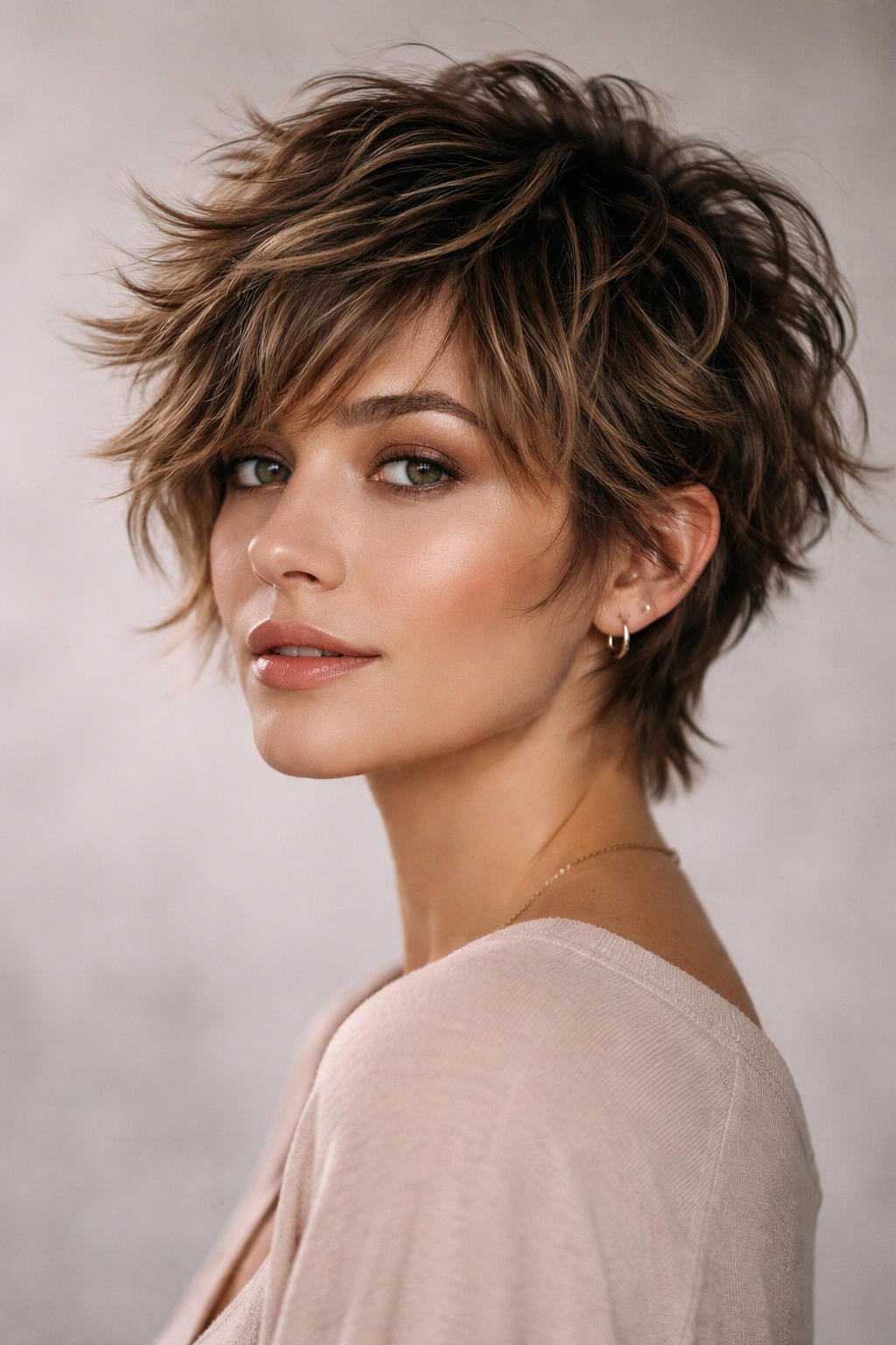 Shaggy pixie hairstyle with layered texture for wavy hair