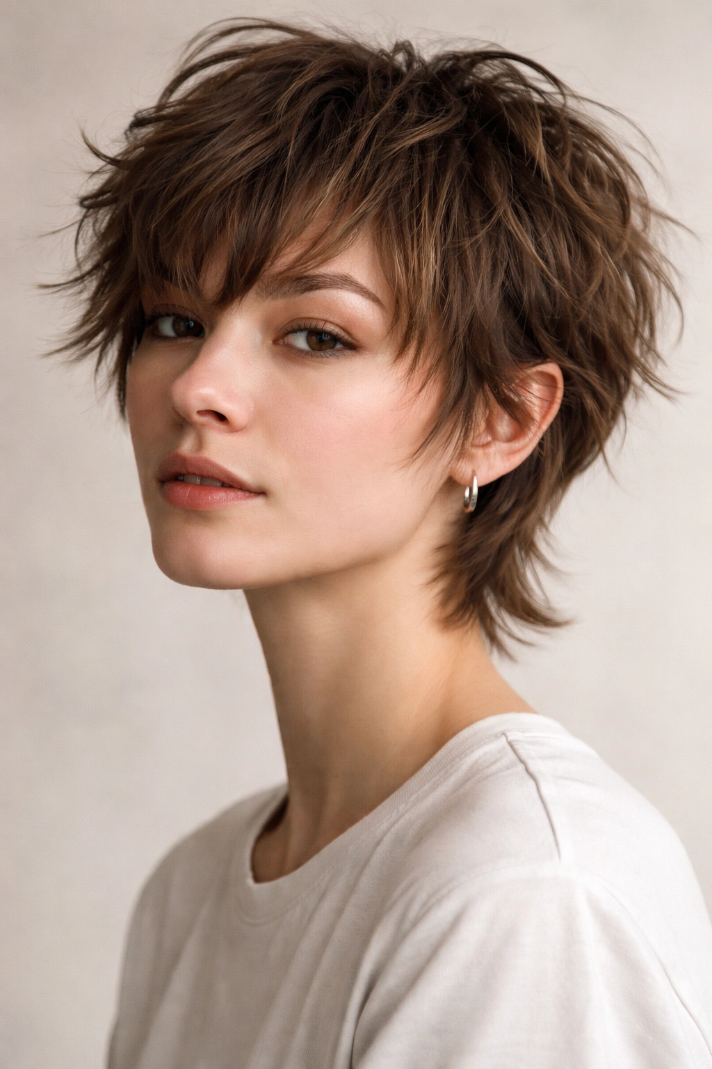 Portrait of a woman with a shaggy short crop and face-framing wisps