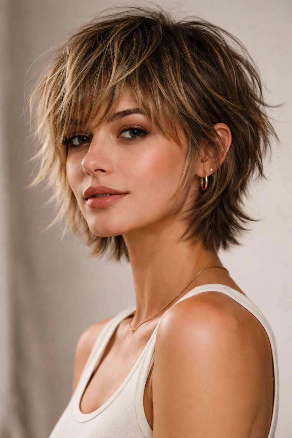 Portrait of a woman with a modern shaggy short cut and textured layers.