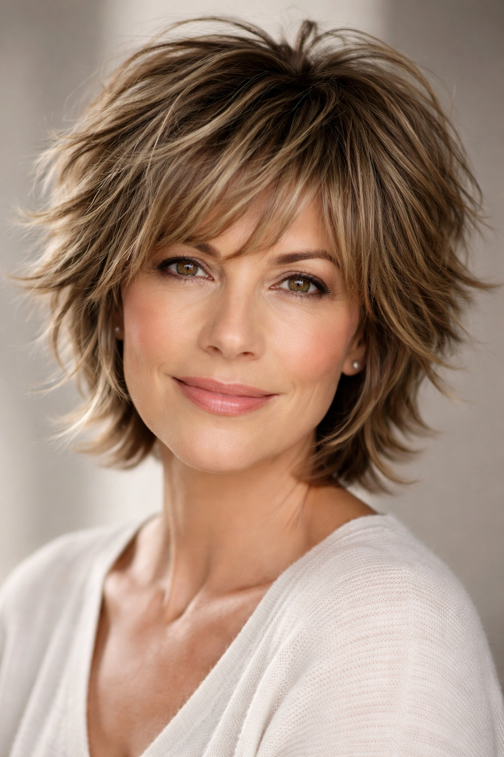 Close-up of a mature woman with shaggy short haircut showing movement and texture.