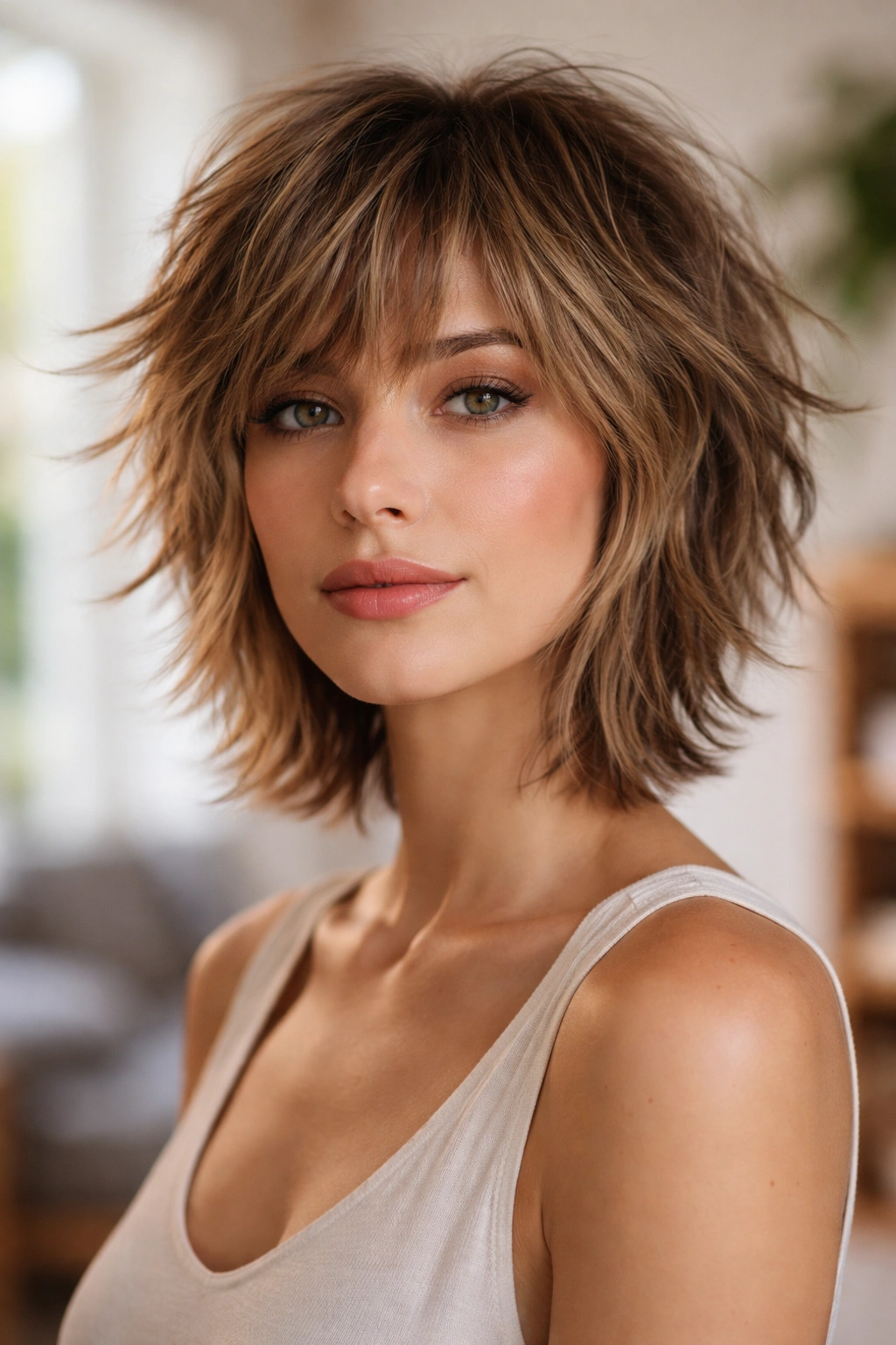 25 Short Haircuts Women Can T Stop Asking For 2 Portrait of a person with shaggy short layered hair and a tousled, textured look.