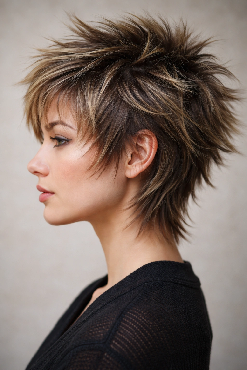 Shaggy layered hairstyle with spiky texture.