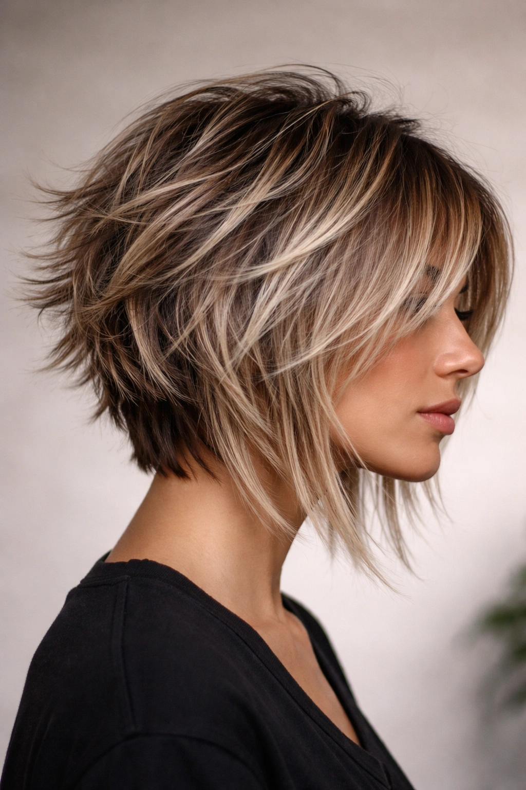 Close-up of a shaggy modern stacked bob with pronounced back layers and longer front.