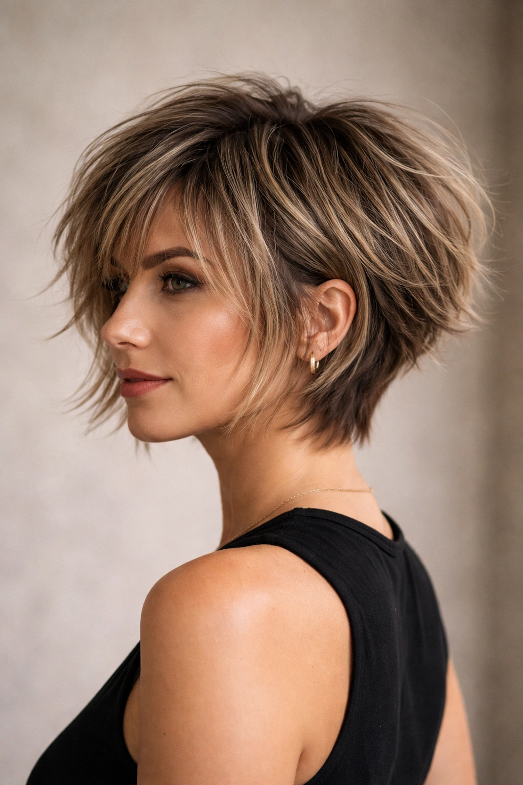 Portrait of a person with a shaggy stacked bob featuring choppy texture and lifted back