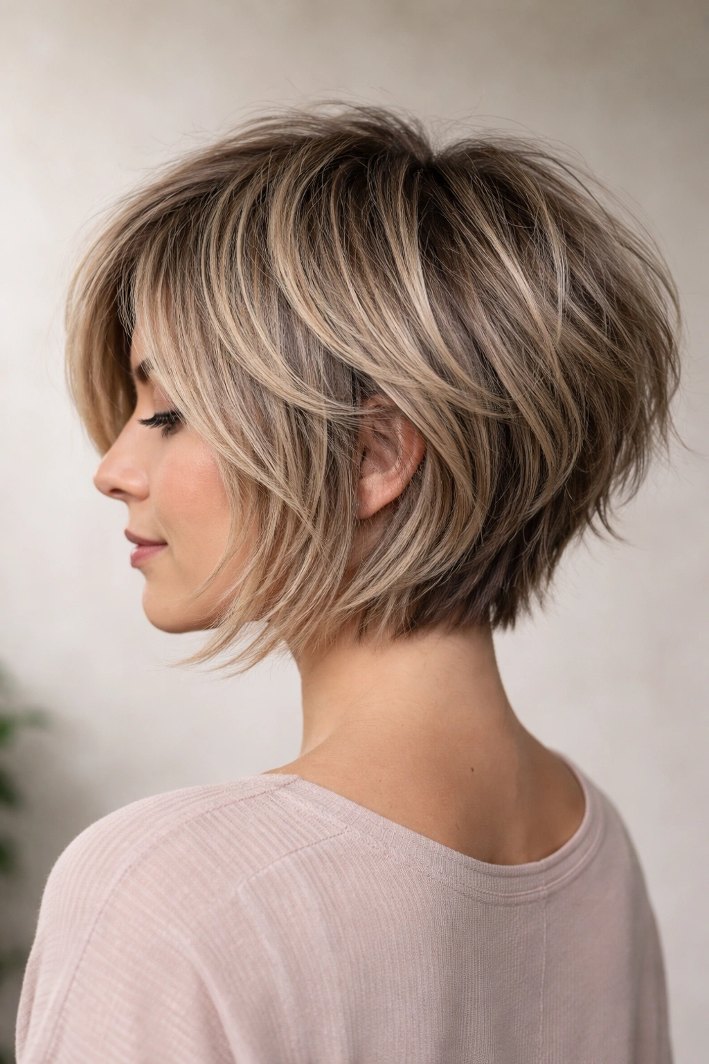 Shaggy stacked bob with multi-length choppy layers and textured movement.