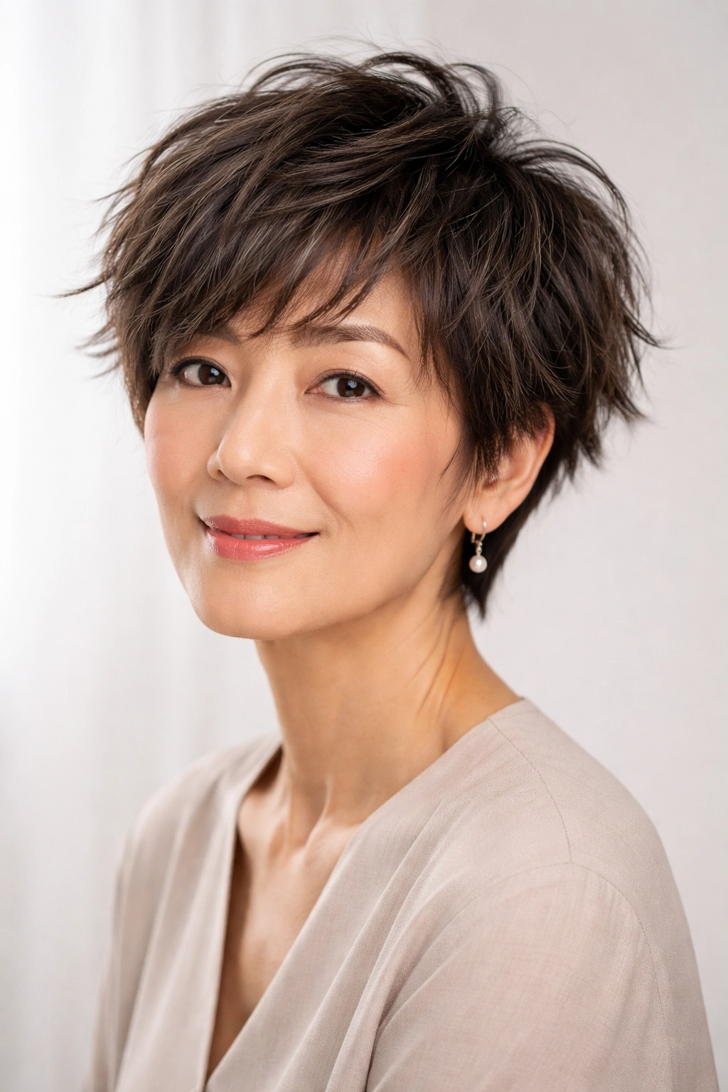 Close-up of a short shaggy textured crop hairstyle with choppy layers.