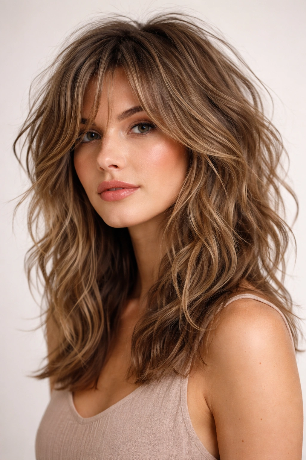 Shaggy waves hairstyle with layered textured texture and volume in a studio