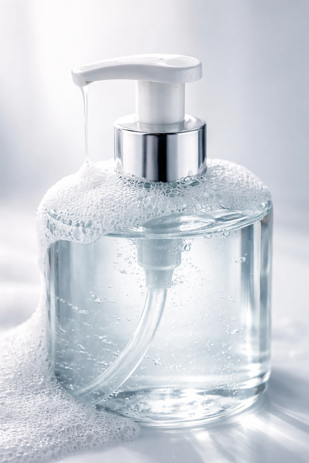 Close-up of a shampoo bottle with pump and foam on a clean surface