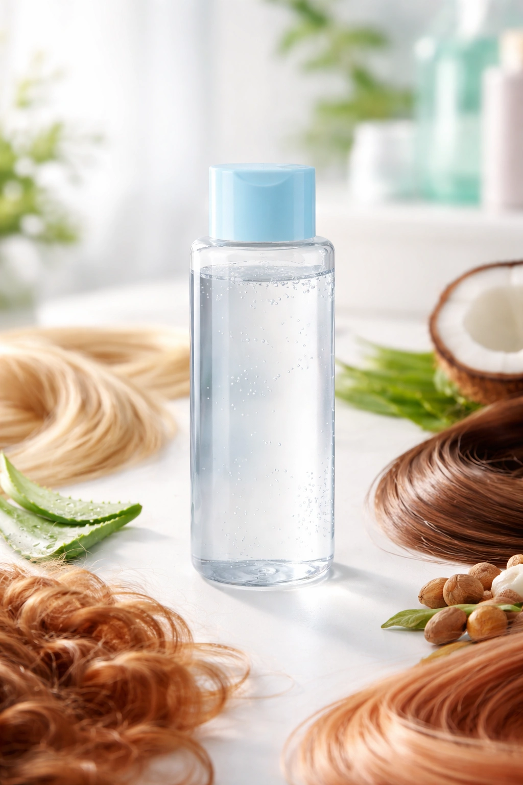 Shampoo bottle with blue cap on white surface