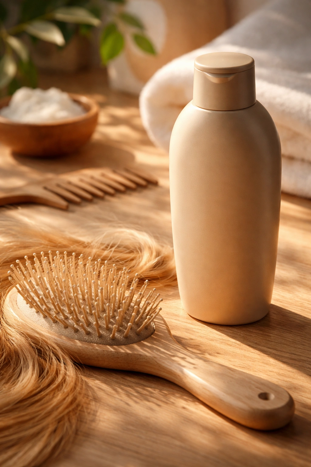 Matte shampoo bottle on wooden surface