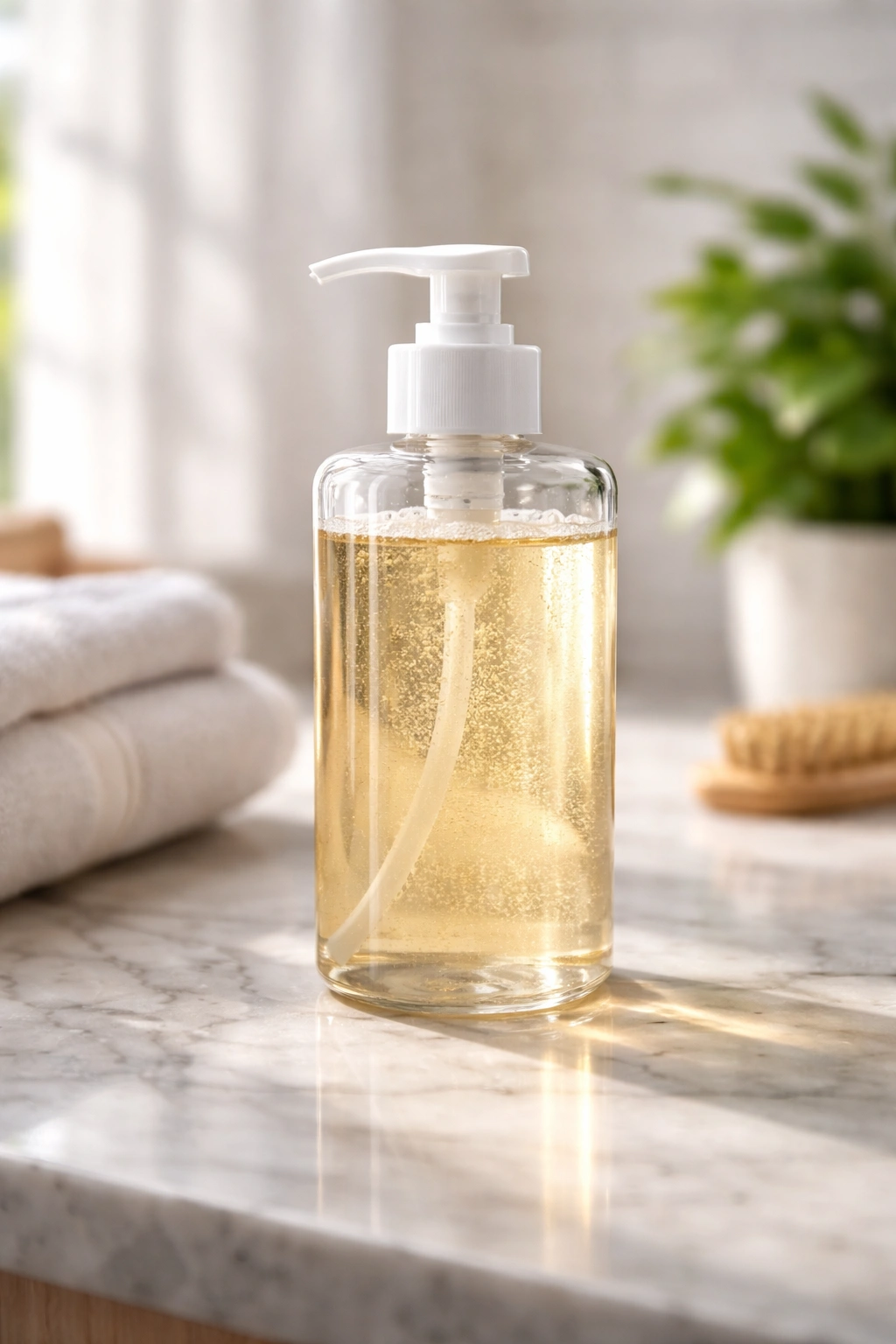 Close-up of an unlabeled shampoo bottle on a marble counter in natural light