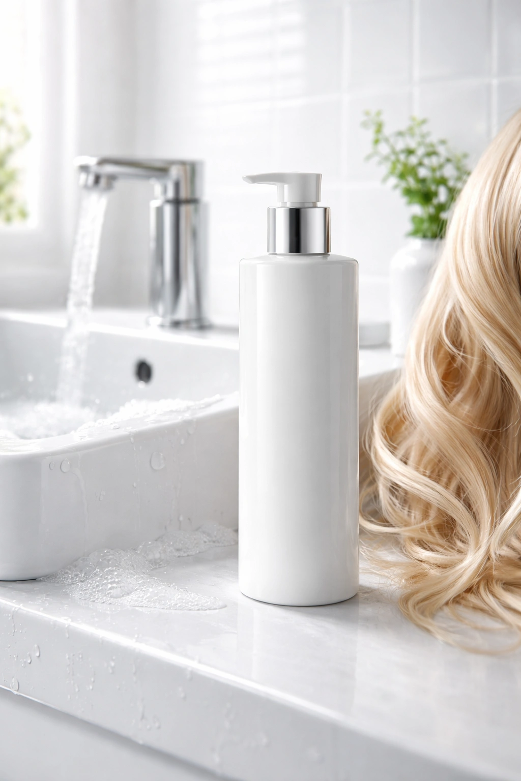 Shampoo bottle displayed on a white sink with bright studio lighting