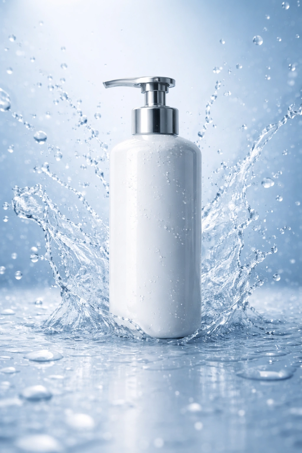 Shampoo bottle with water droplets on a wet surface