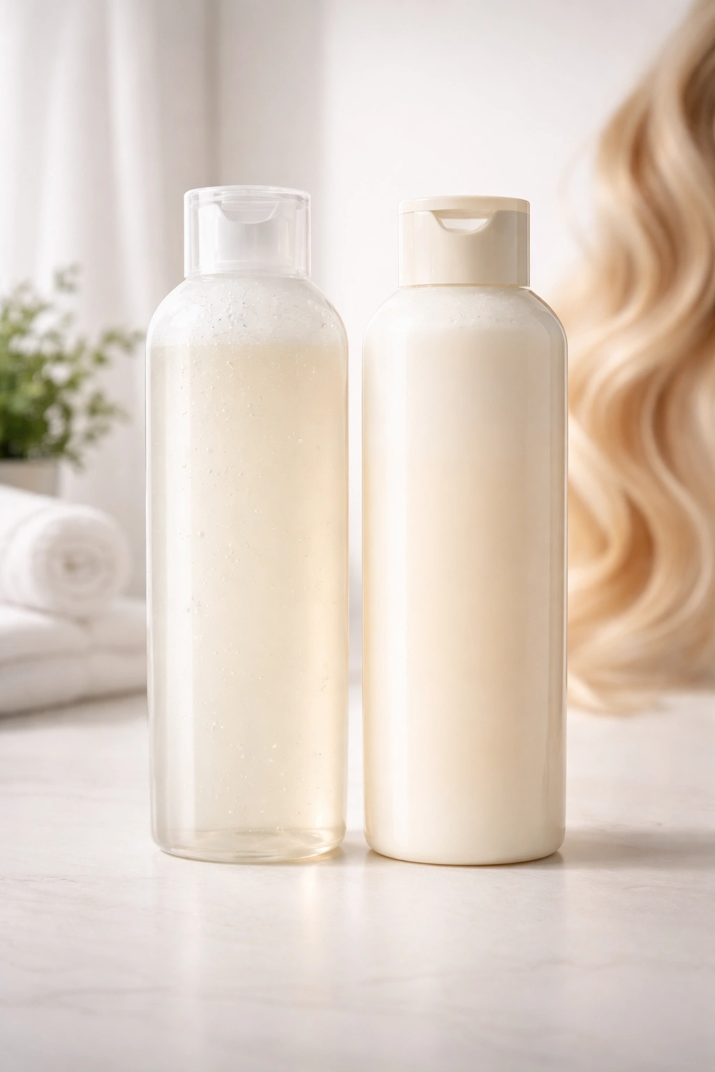 Two bottles side by side representing shampoo and conditioner on clean surface