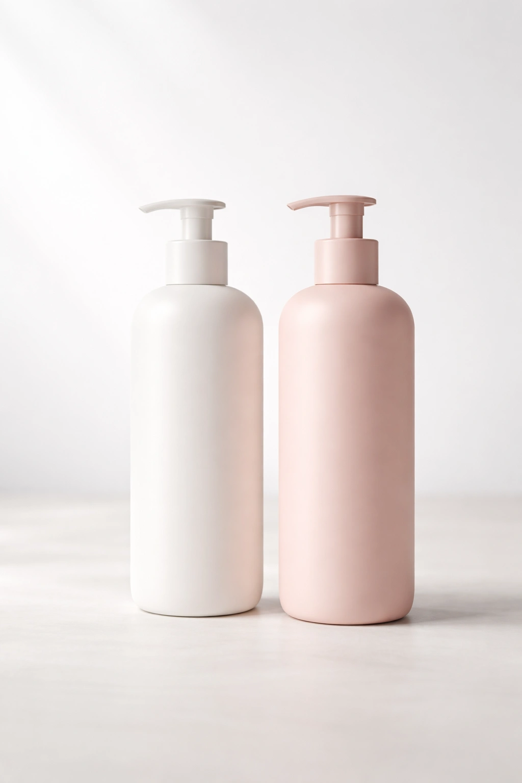 Two unlabeled shampoo and conditioner bottles on a neutral background.