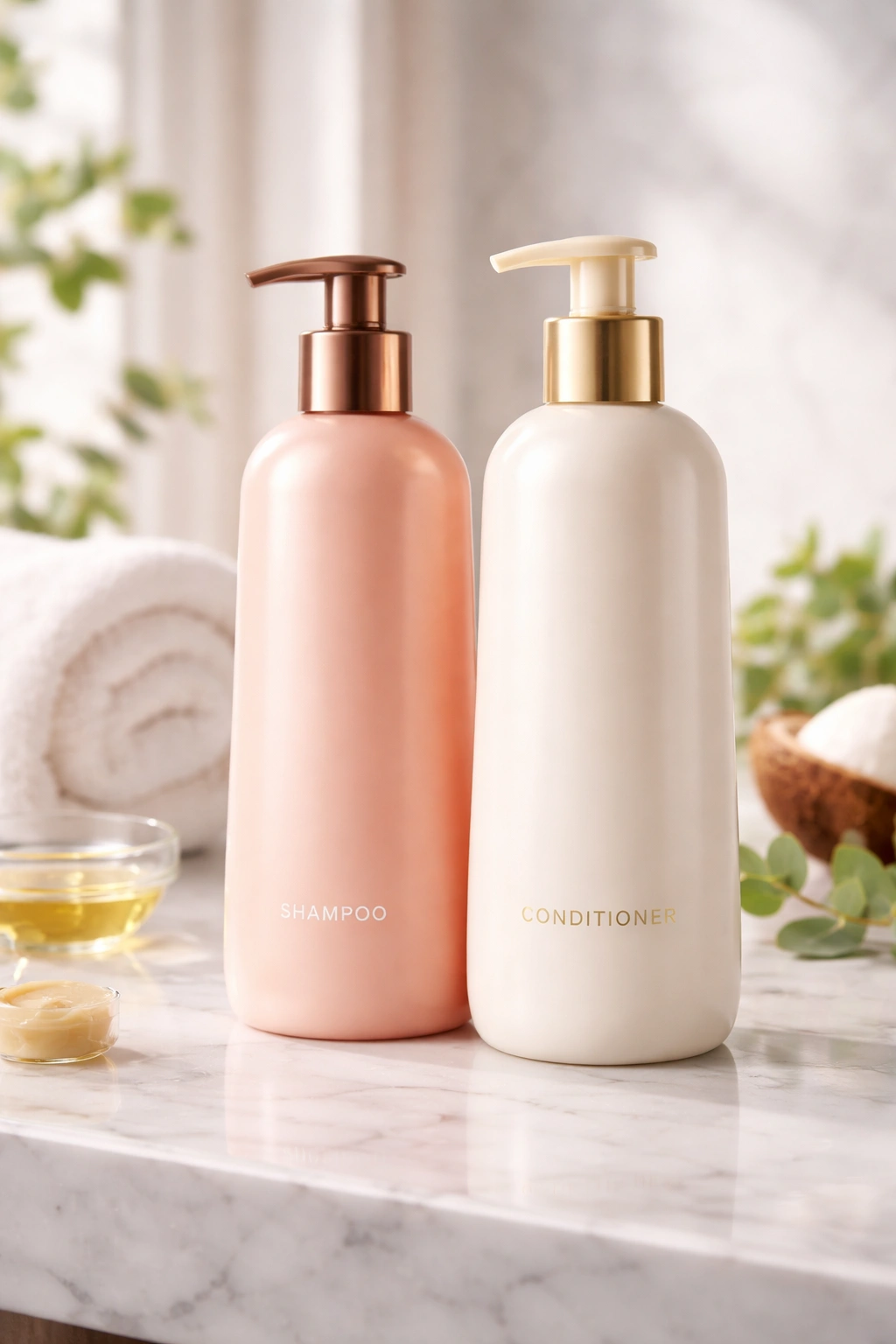 Close-up of shampoo and conditioner bottles on a clean bathroom counter for hair moisture