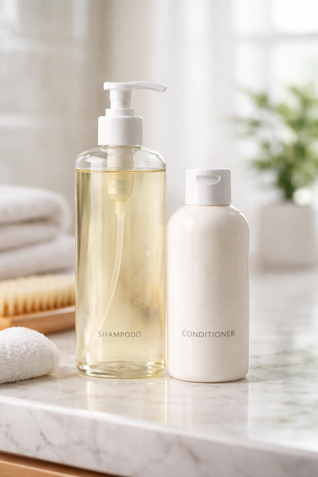 Shampoo and conditioner bottles on a bathroom counter
