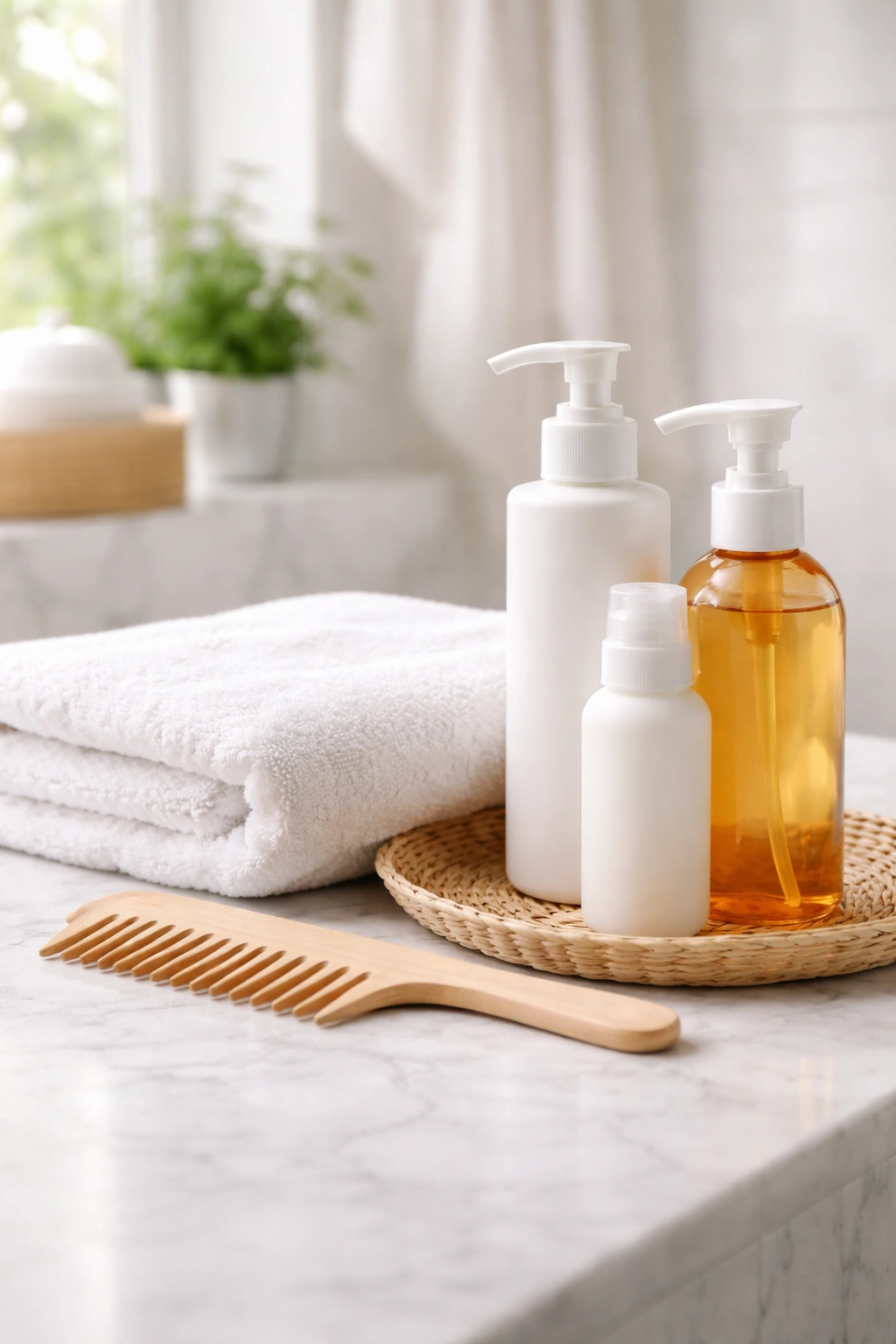 Bathroom scene with unlabeled hair care bottles and a comb representing common hair washing questions