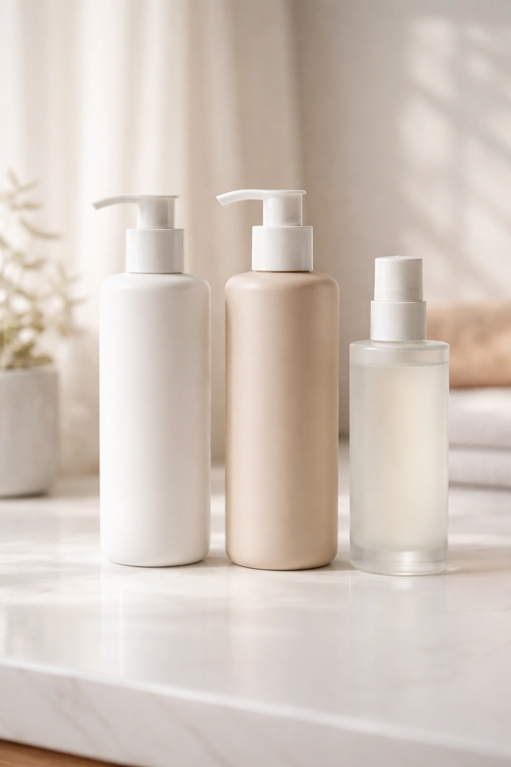 10 Wash And Wear Styles For Effortless Mornings 13 Three unlabeled hair care bottles on a white surface, showcasing shampoo, conditioner, and styling product silhouettes