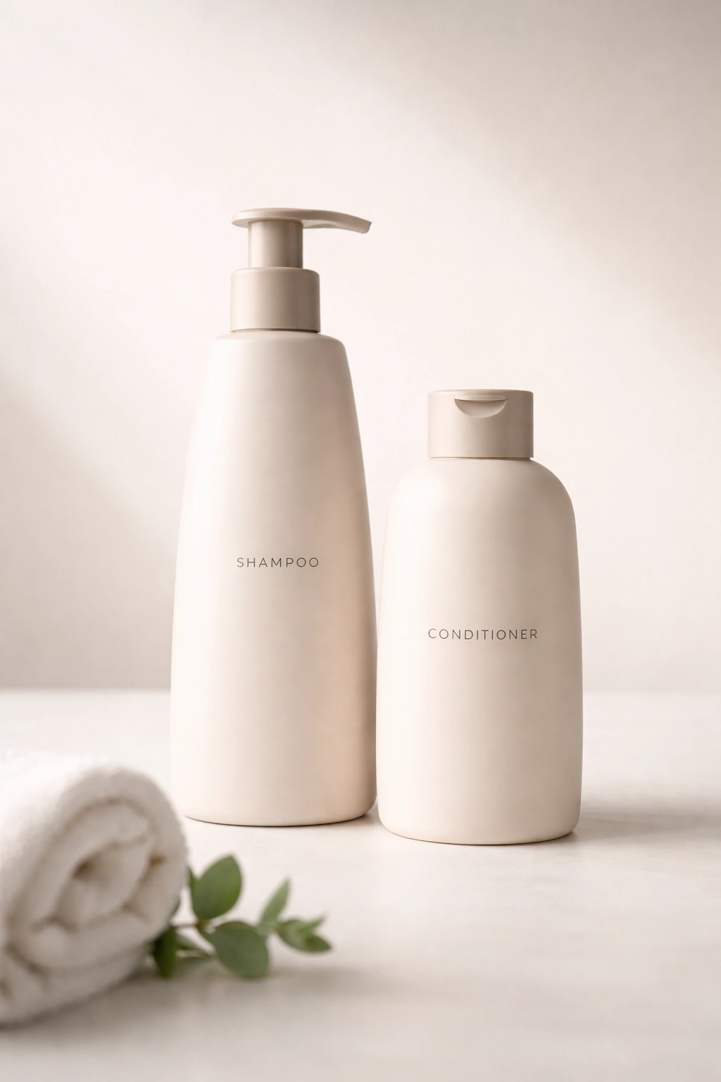 Two shampoo and conditioner bottles on a clean surface, minimal and product-focused.