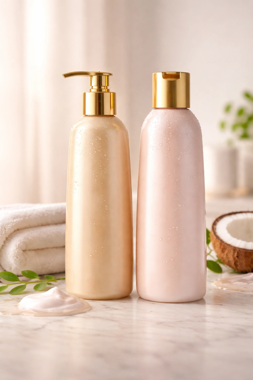 Shampoo and conditioner bottles on a clean surface representing product selection