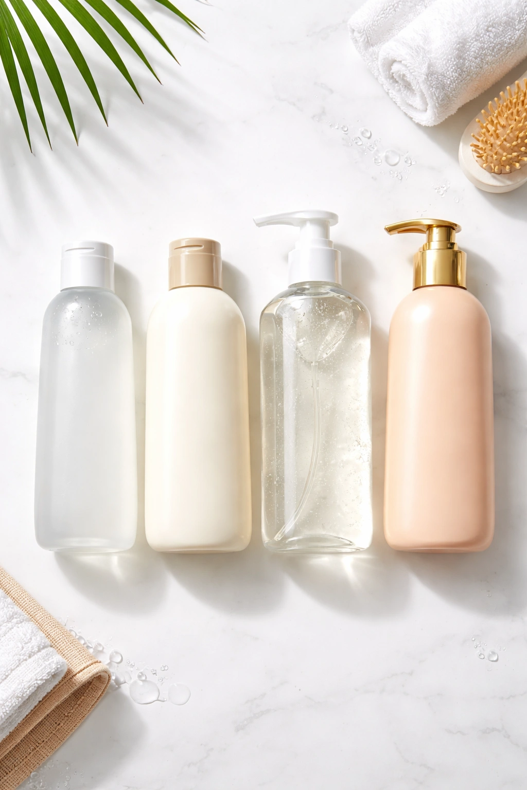 Unlabeled shampoo and conditioner bottles on a white surface