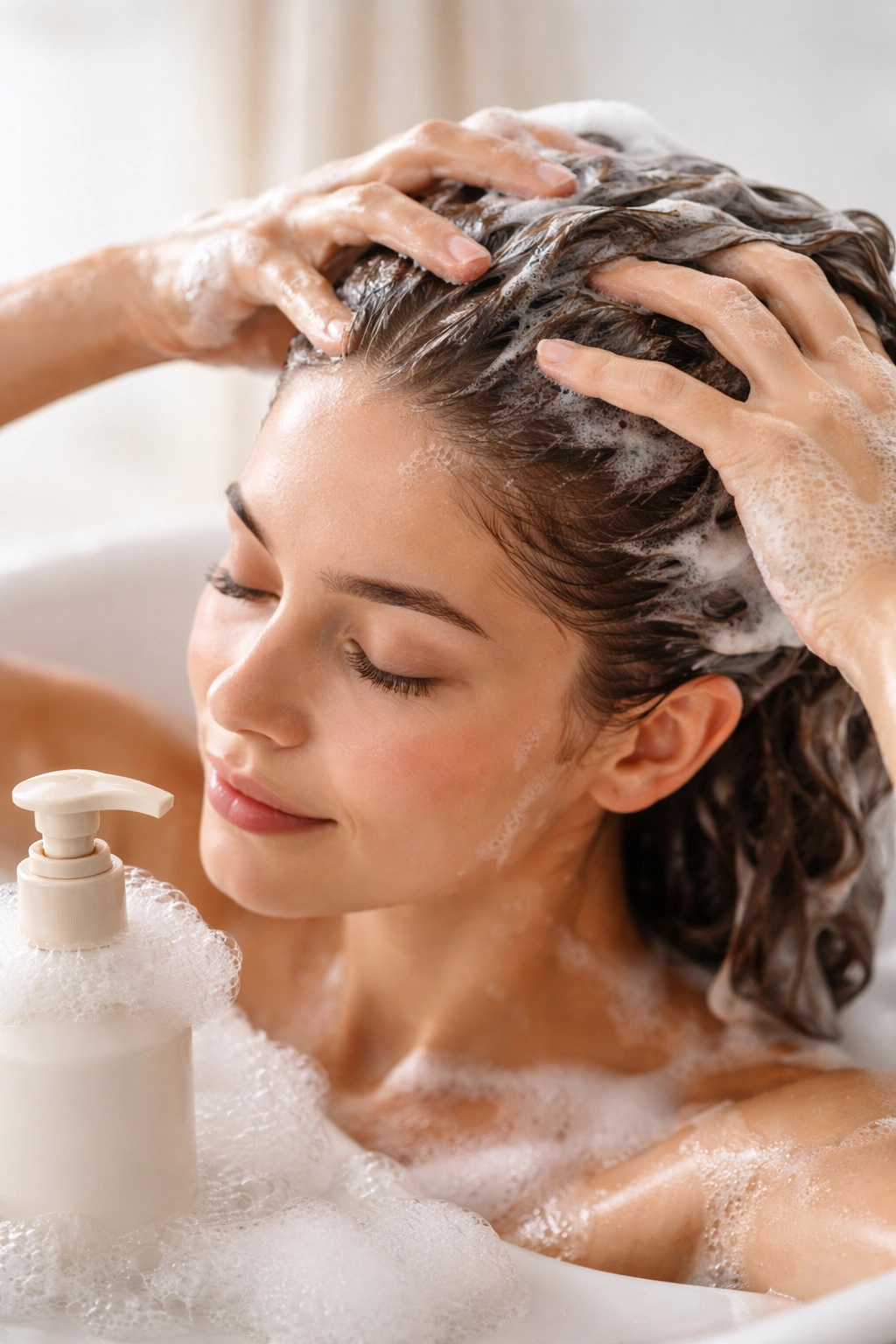 Shampoo bottle with foam cloud around neck