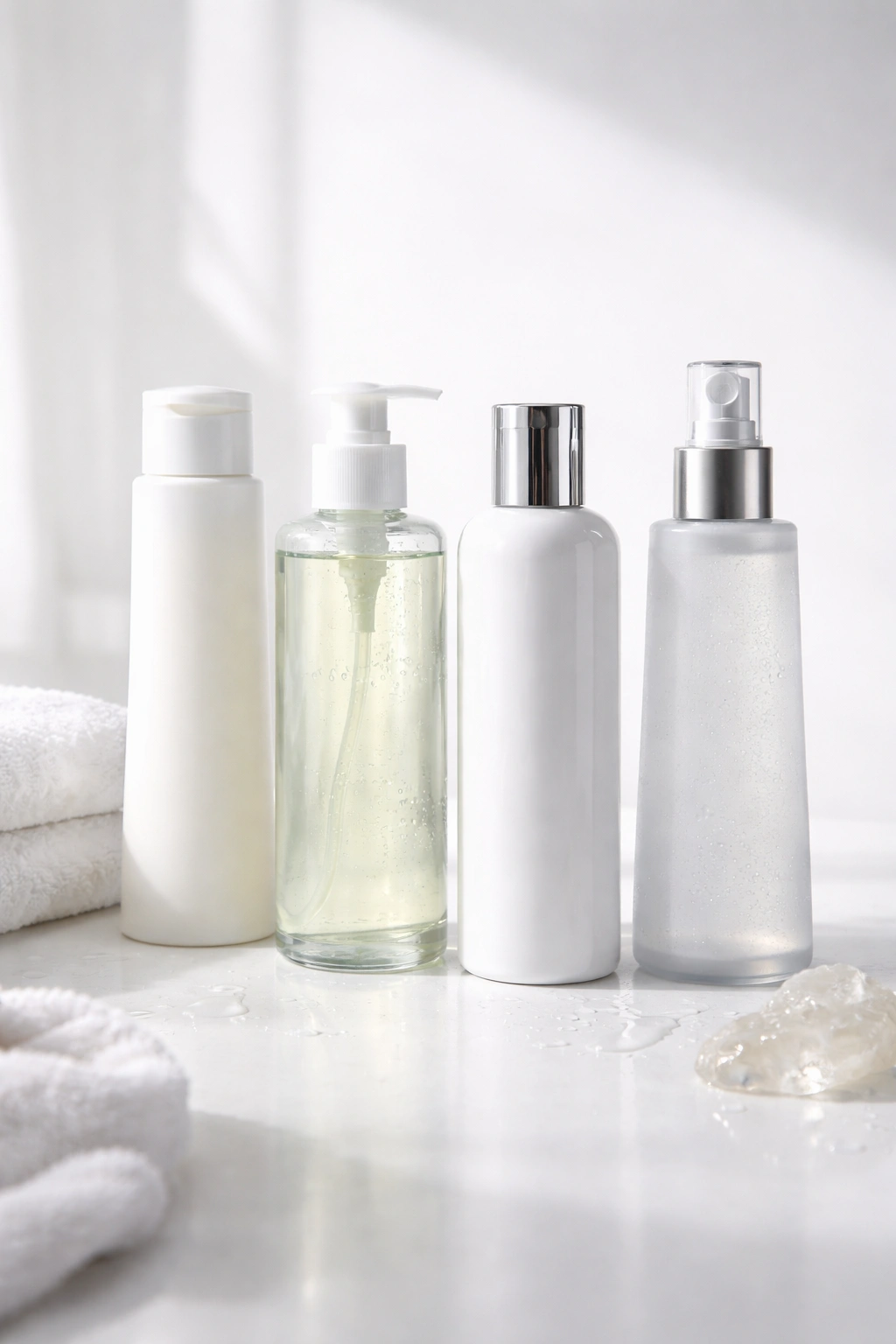 Minimalist lineup of unlabeled shampoo bottles on a white surface