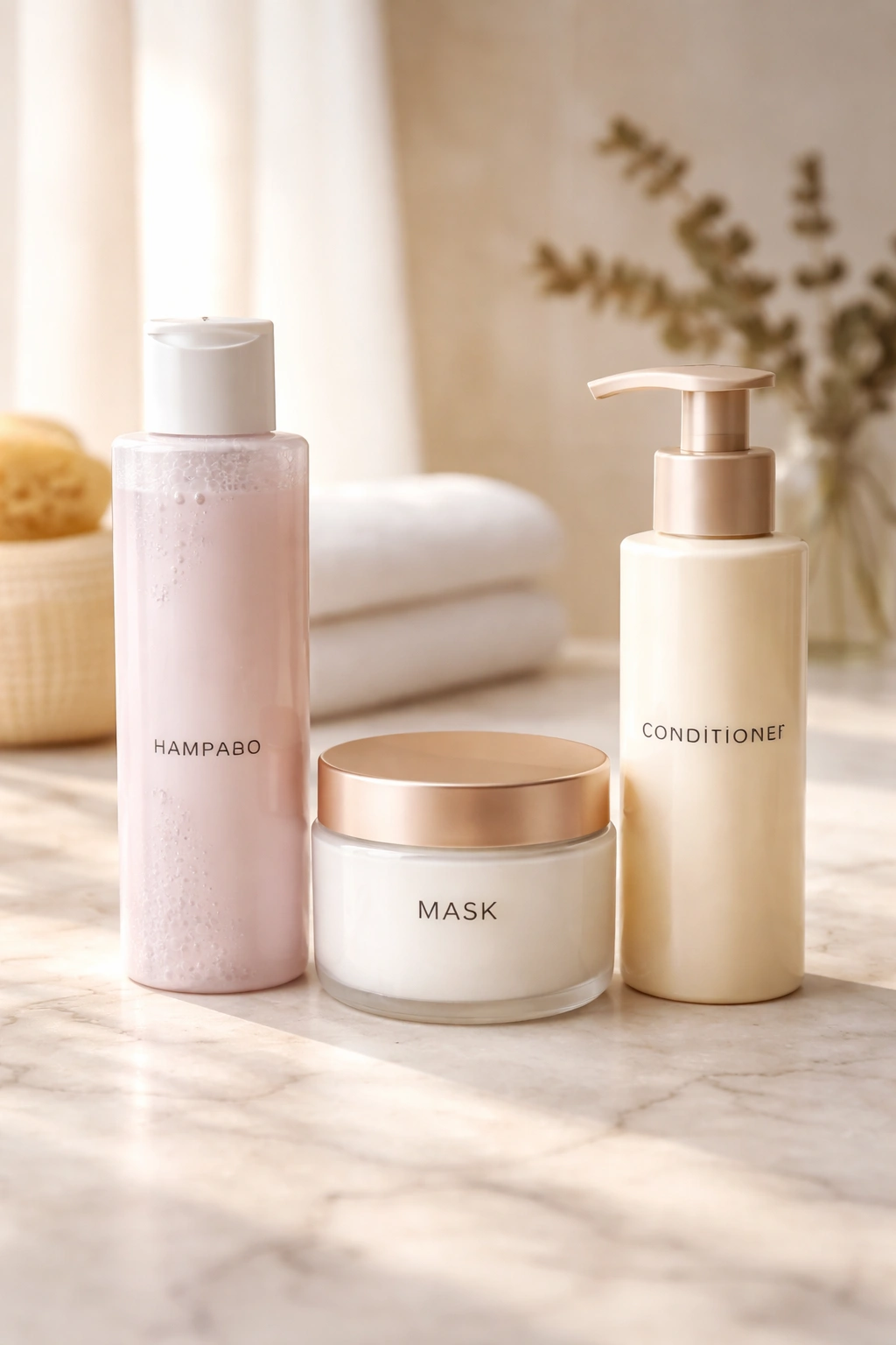 Three haircare bottles arranged on a bathroom counter
