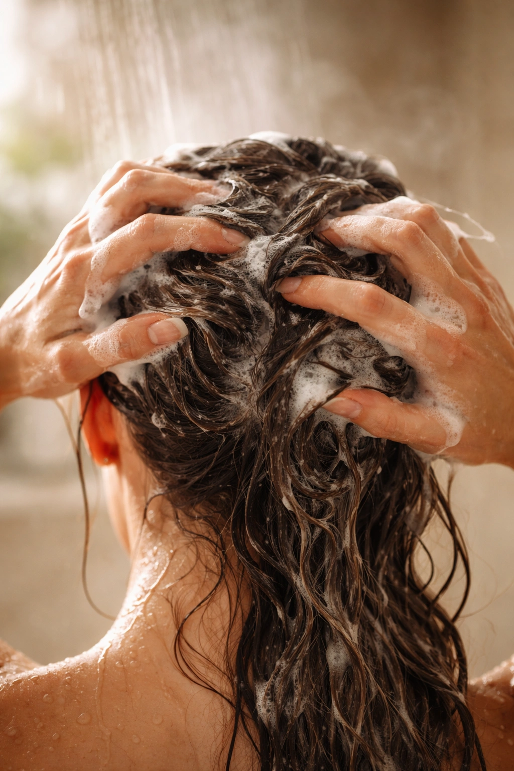 Close-up of hands showing improper shampooing technique on the scalp