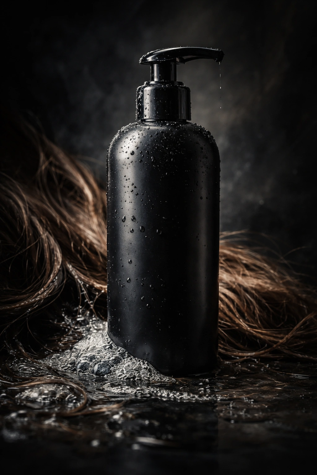 Unlabeled shampoo bottle in a moody dark setting with dramatic lighting