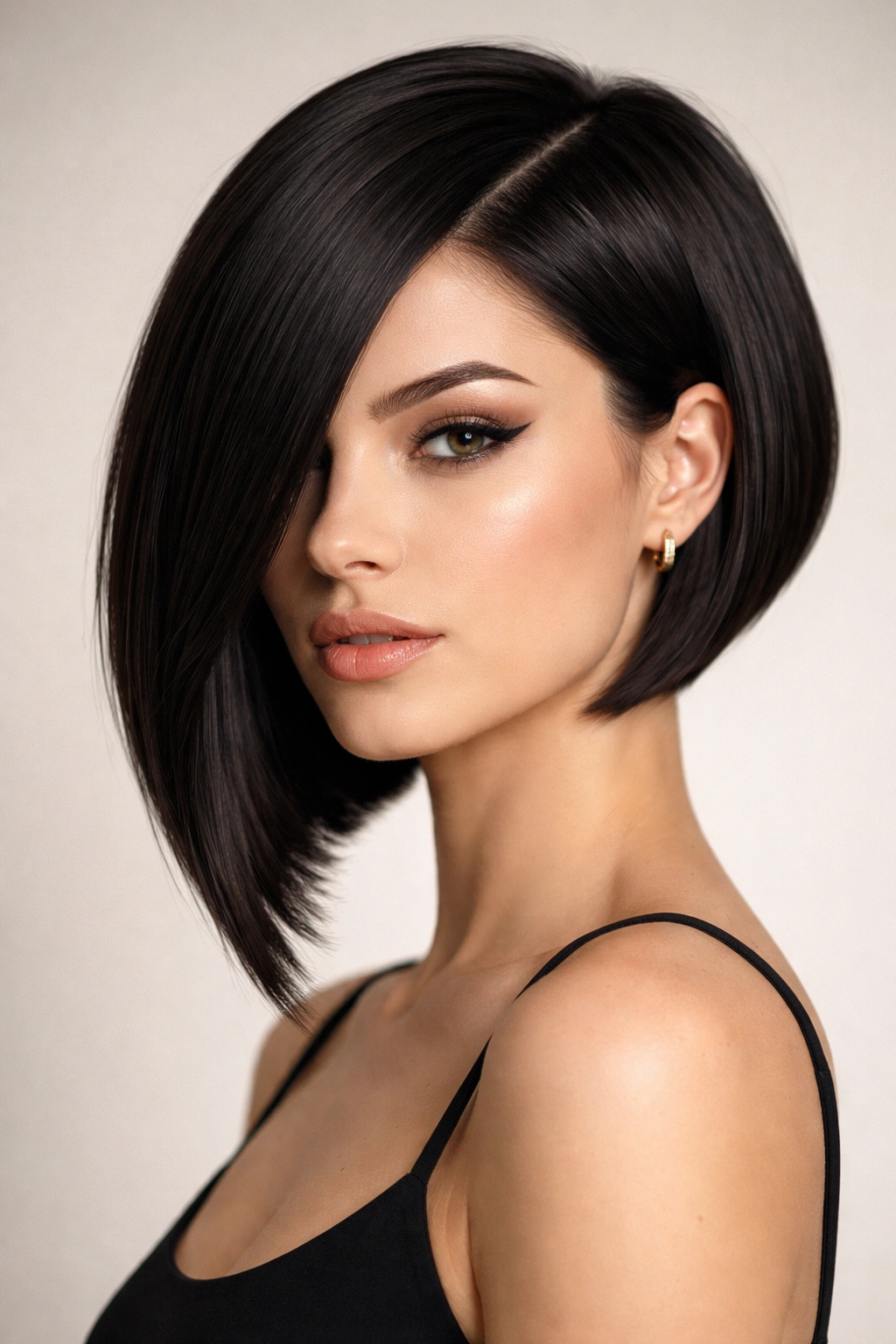 Close-up portrait of a sharp angled bob highlighting the diagonal jawline