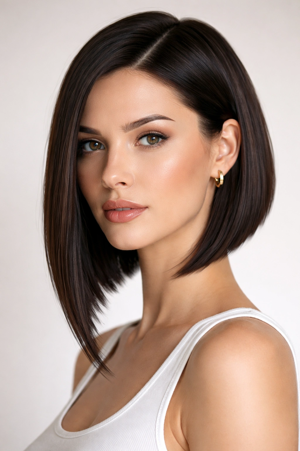 Close-up of a person with a sharp angled bob for rectangle faces with straight hair
