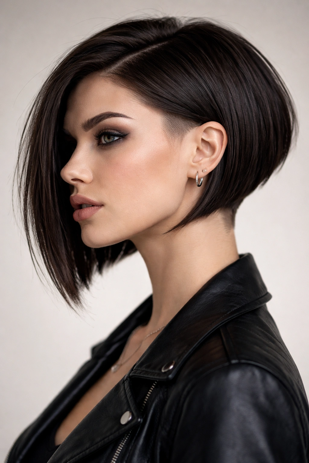 10 Shaved Bob Haircuts With An Effortless Edge 1 Portrait of a person with a sharp angled bob and undercut highlighting cheekbones and jawline.