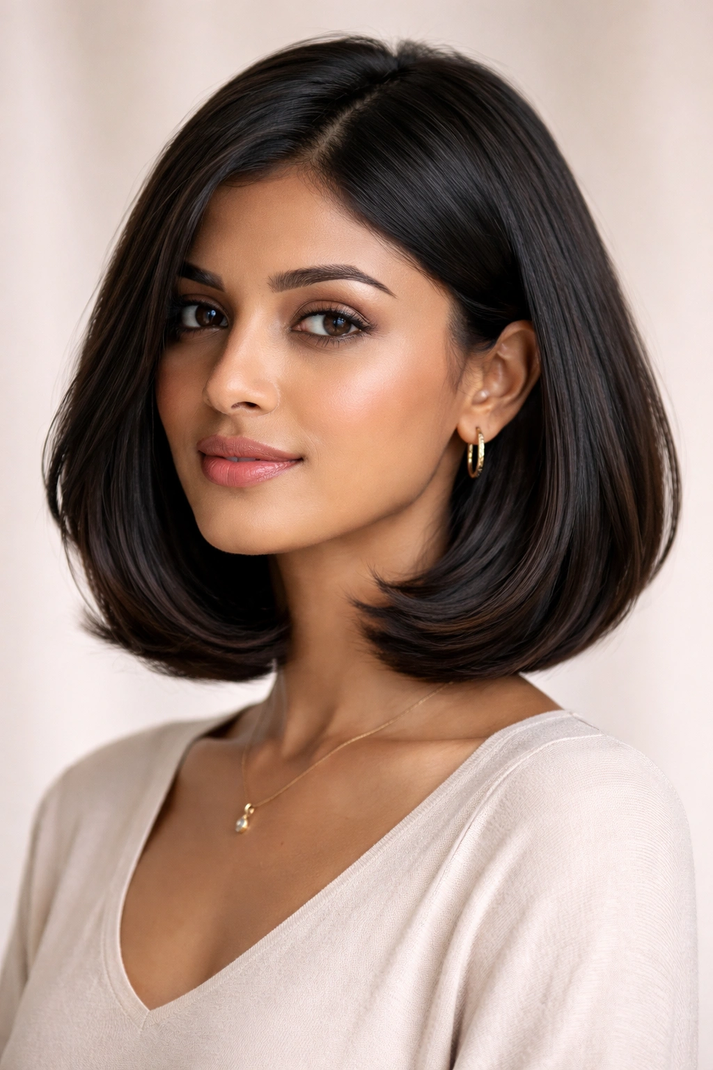 Close-up of a chin-length bob with curved ends on an Indian woman
